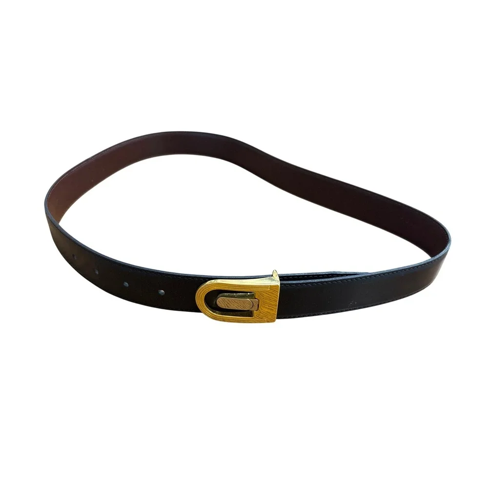 Misuri Italy Reversible Leather Belt Black Brown Gold Horseshoe Buckle Vintage